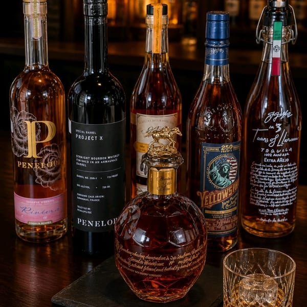 Assortment of bourbon and tequila bottles with a glass of whiskey on a dark bar.