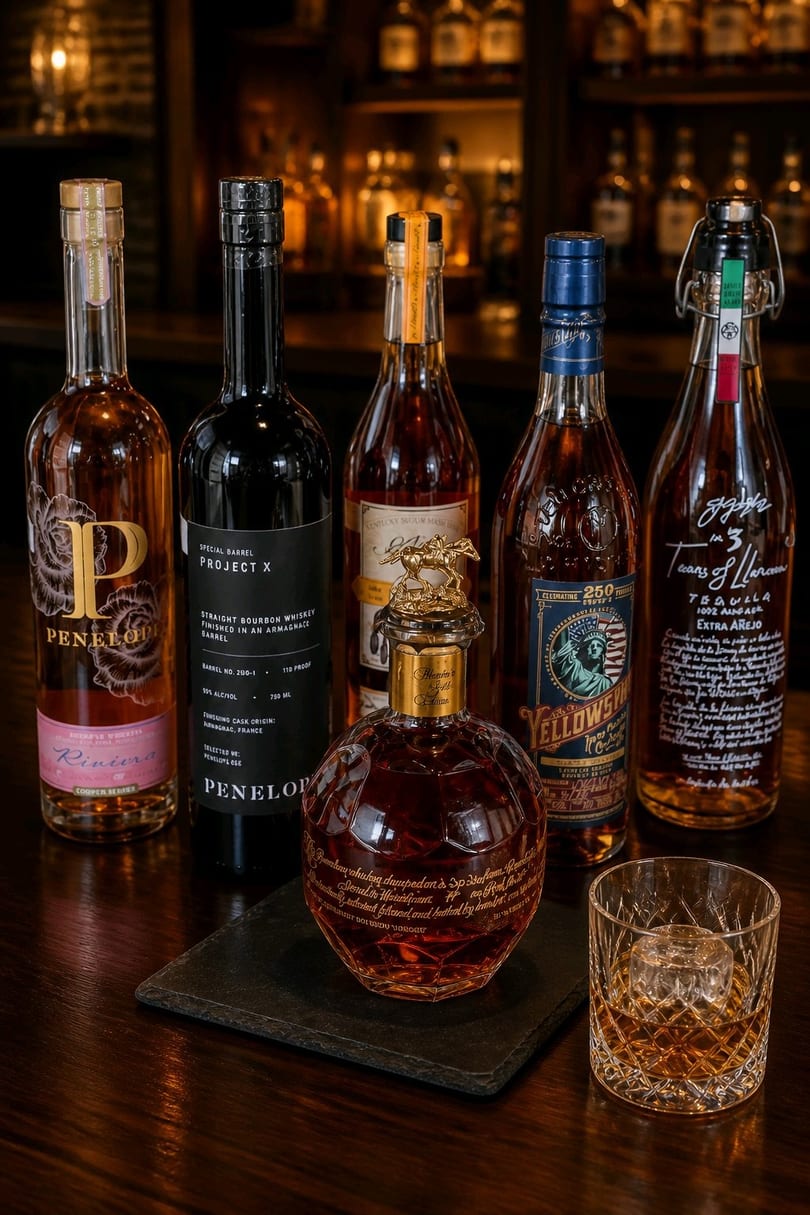 Assortment of bourbon and tequila bottles with a glass of whiskey on a dark bar.