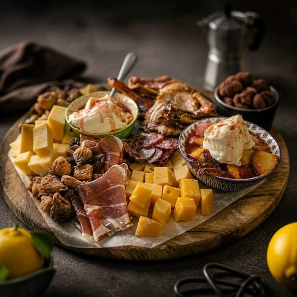 Wooden charcuterie board with cubed cheese, cured meats, dried figs, roasted poultry, and fruit desserts.