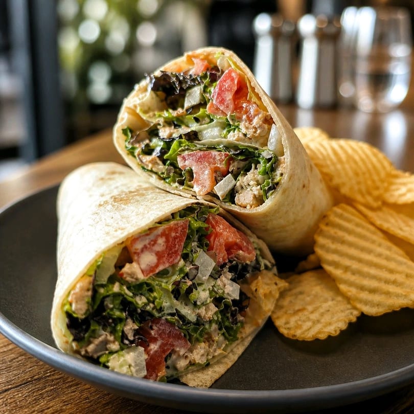 Chicken salad wrap cut in half, filled with lettuce, tomatoes, and onions, served with ripple chips.