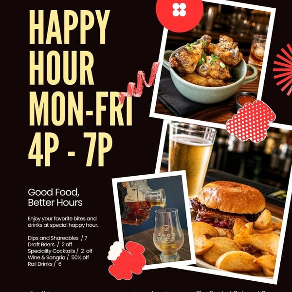 Happy hour flyer for The Spot at Belmont Bay featuring chicken wings, a burger, fries, beer, and whiskey.