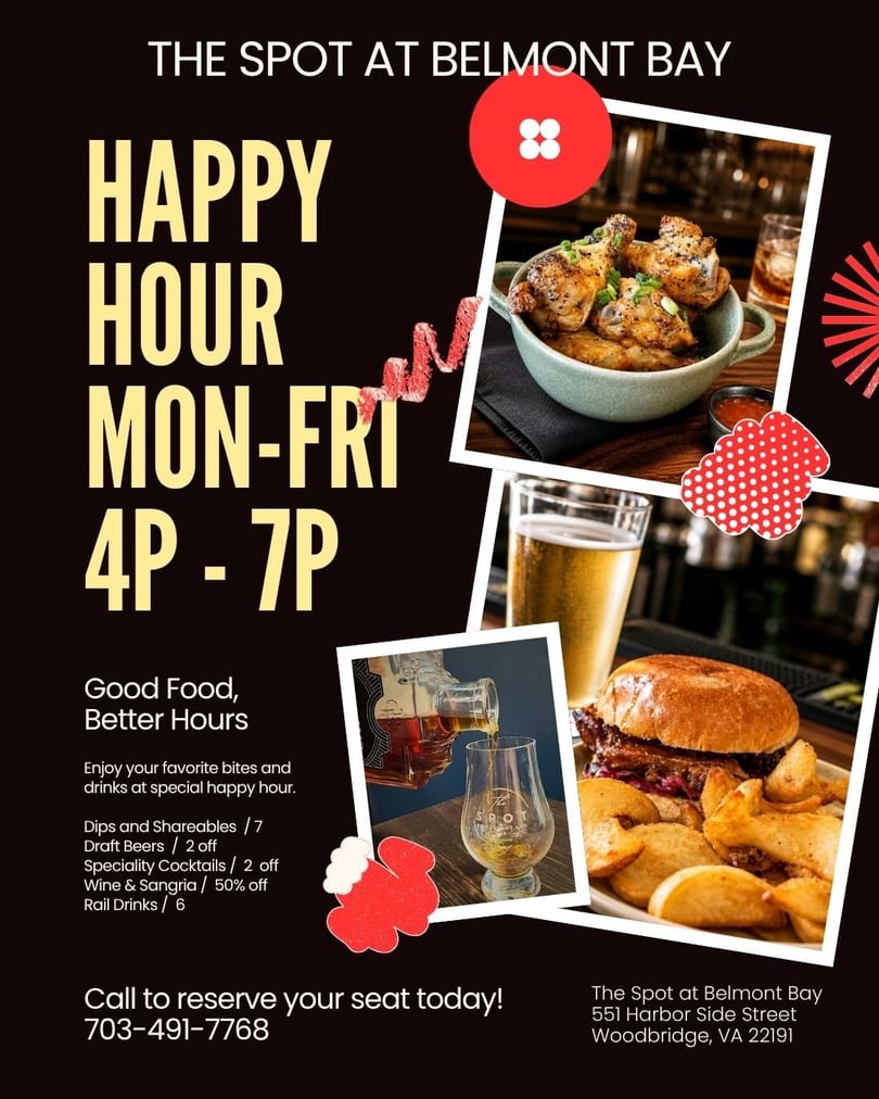 Happy hour flyer for The Spot at Belmont Bay featuring chicken wings, a burger, fries, beer, and whiskey.