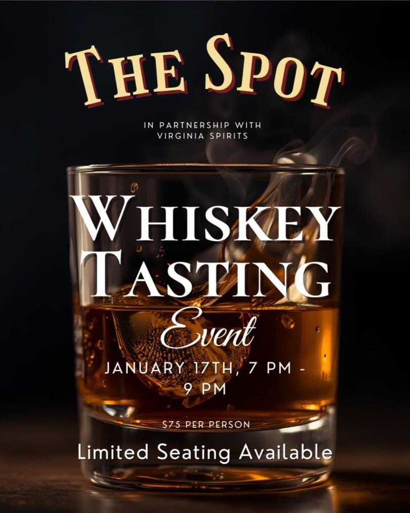 Whiskey tasting event poster with a glass of whiskey and ice, announcing The Spot's event.